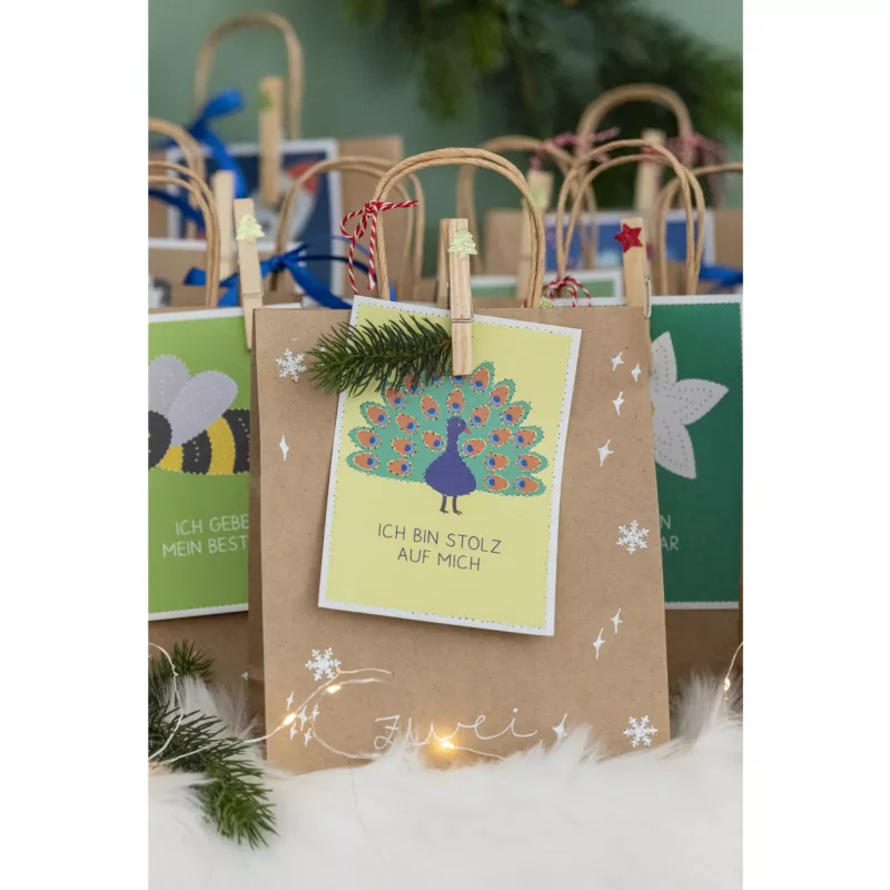 Geschenktüte, Weihnachtsdeko, Paillettenpfau, Kartenanhänger, Jutebeutel