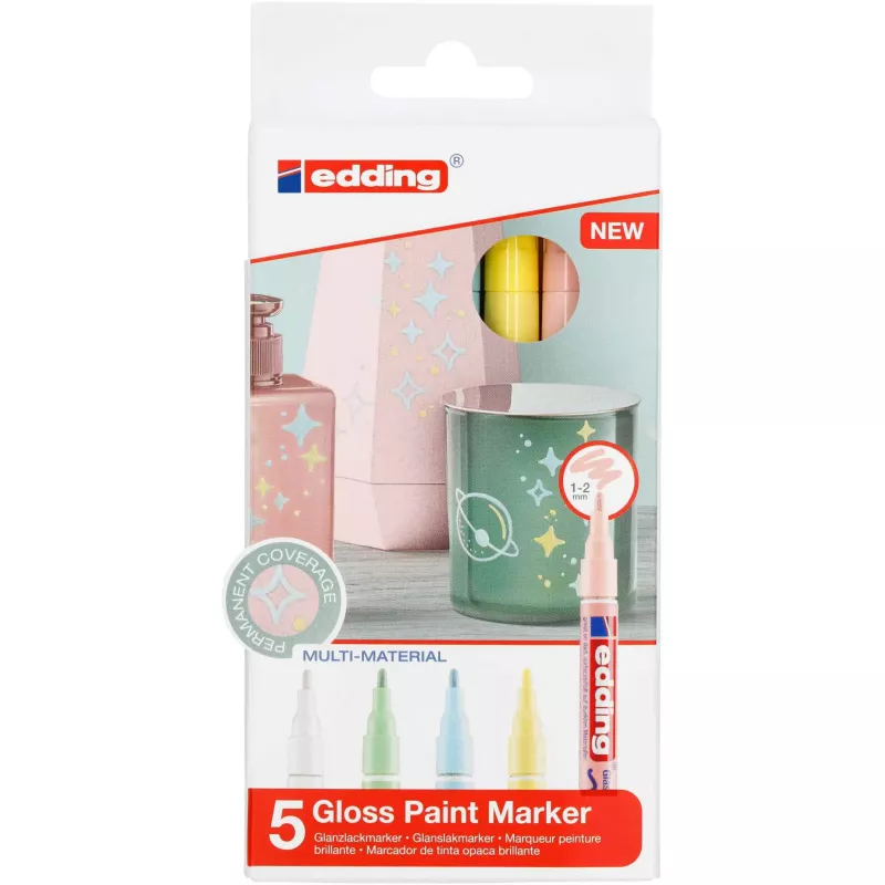 Glanzlackmarker, 5er-Set, Pastellfarben, Rundspitze, Mehrmaterialmarker