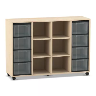 Schrank, Holzschrank, Schubladenunit, Rollschrank, schwarze Kunststoffschubladen