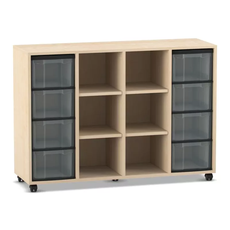 Schrank, Holzschrank, Schubladenunit, Rollschrank, schwarze Kunststoffschubladen