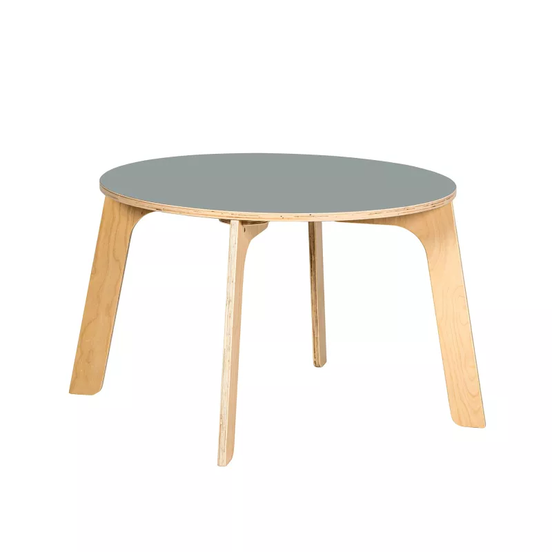 runder tisch, holz, stückplatte, graue top, vier bein