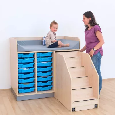 Etagenbett mit Treppe, Aufbewahrungsboxen, Blaue Behälter, Holzmöbel, Spielzimmer-Sofa-Bett