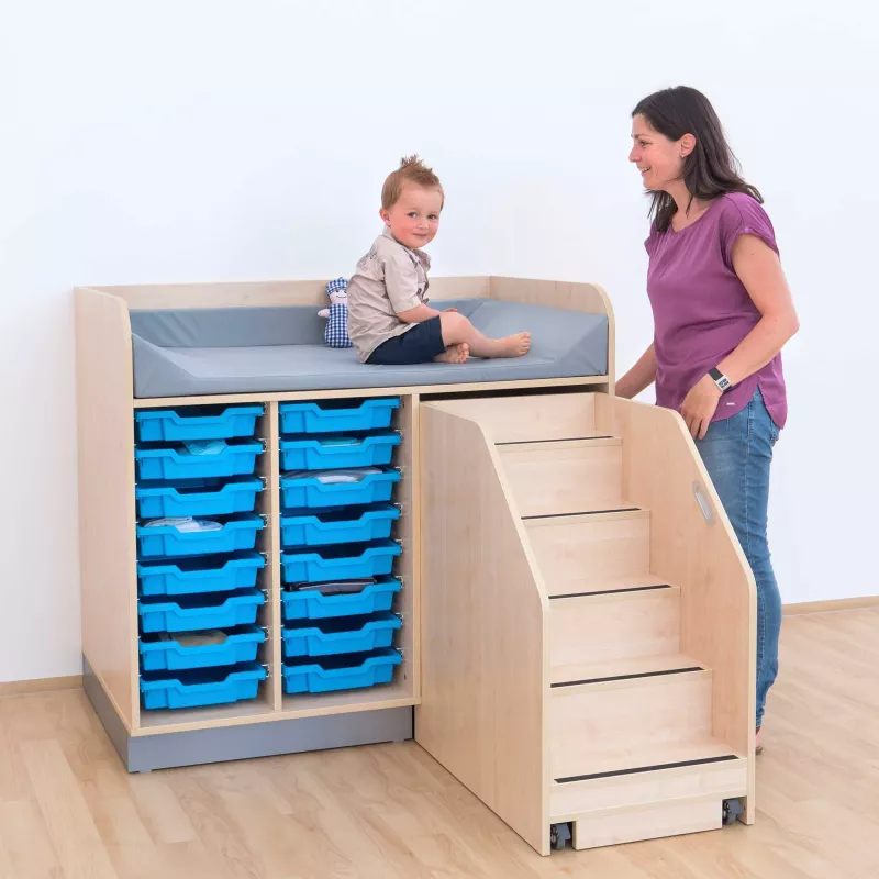Etagenbett mit Treppe, Aufbewahrungsboxen, Blaue Behälter, Holzmöbel, Spielzimmer-Sofa-Bett
