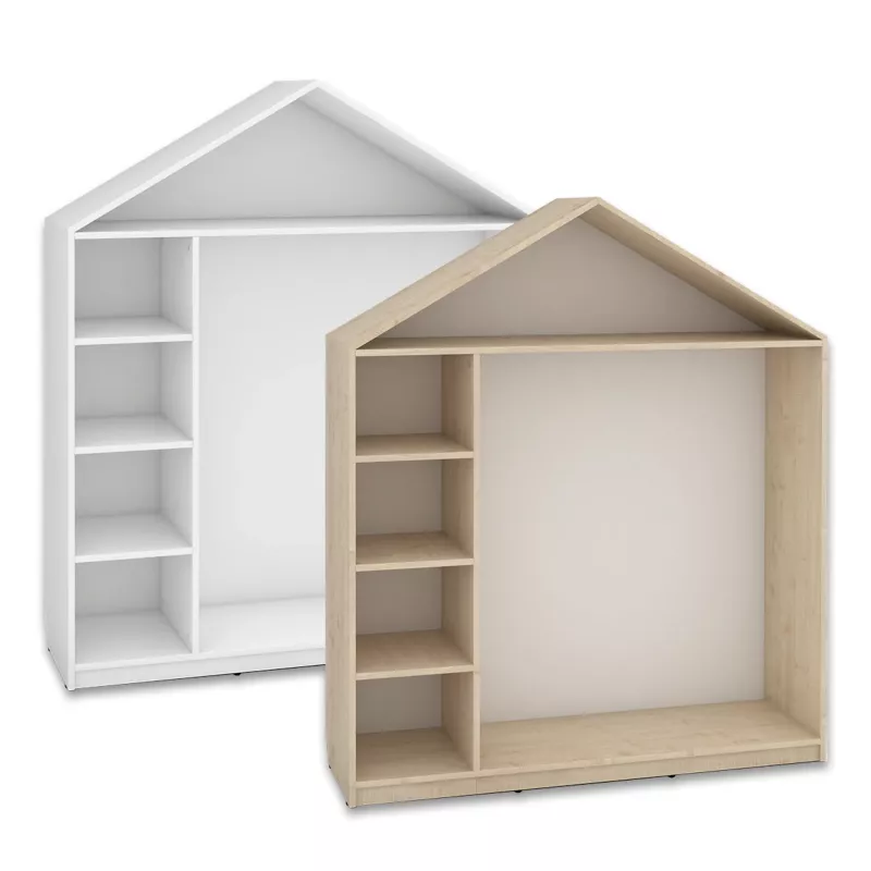 Kinderbett, Hausform, Regaleintegration, Offenes Regal, Holzlook