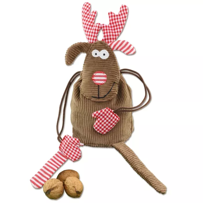 Hug toy, Corduroy, Brown, Reindeer, Red plaid, Nutcracker decor, String paws, Velvet corduroy
