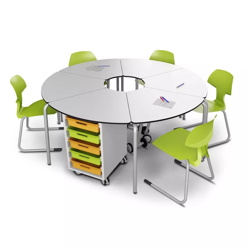 runde tische, modulares tischsystem, gliedertisch, rollcontainer, grüne stühle