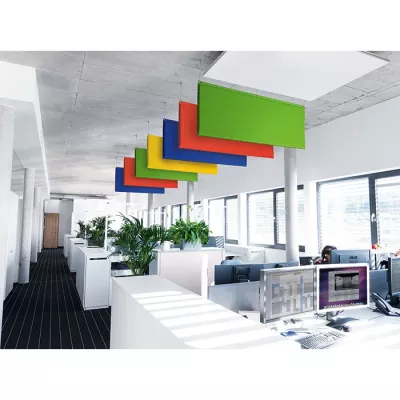 Büro, Arbeitsbereich, offenes Büro, Schreibtische, bunte Paneele