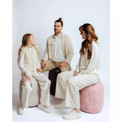 Sitzpouf, Rosa Cord, Gerippter Bezug, Beiger Pouf, Runde Sitzform