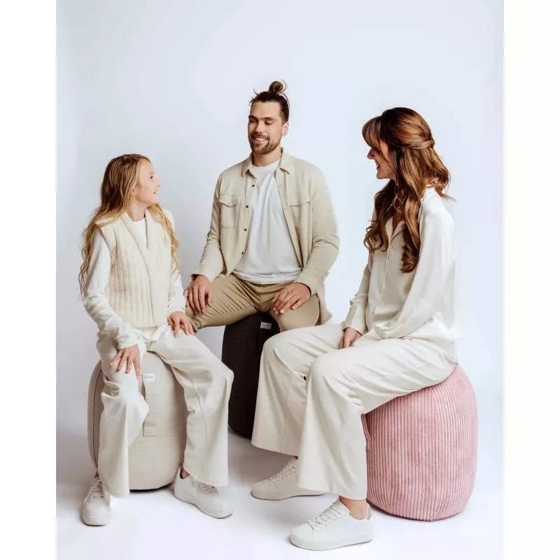 Sitzpouf, Rosa Cord, Gerippter Bezug, Beiger Pouf, Runde Sitzform