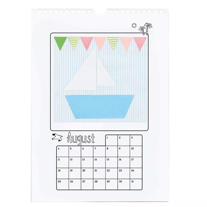kalender, monatskalender, anhänger, segelboot, bunte flaggen
