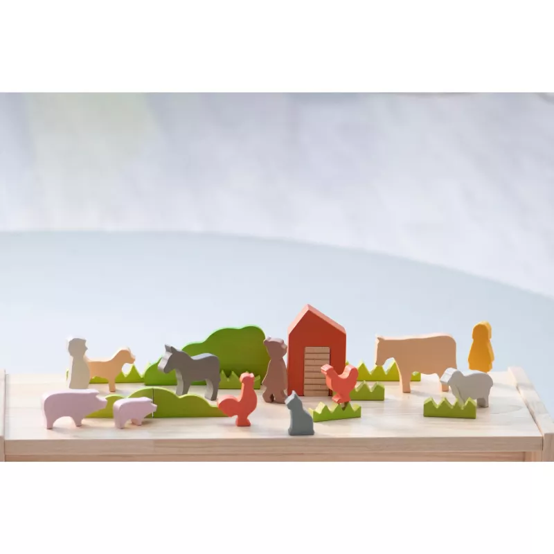 Holzspielzeug, Wegelandschaft, Tierfiguren, Kleines Haus, Spielset