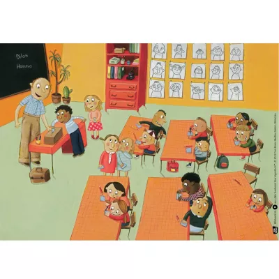 Klassenzimmer, Schüler, Lehrer, Schreibtische, Tafel