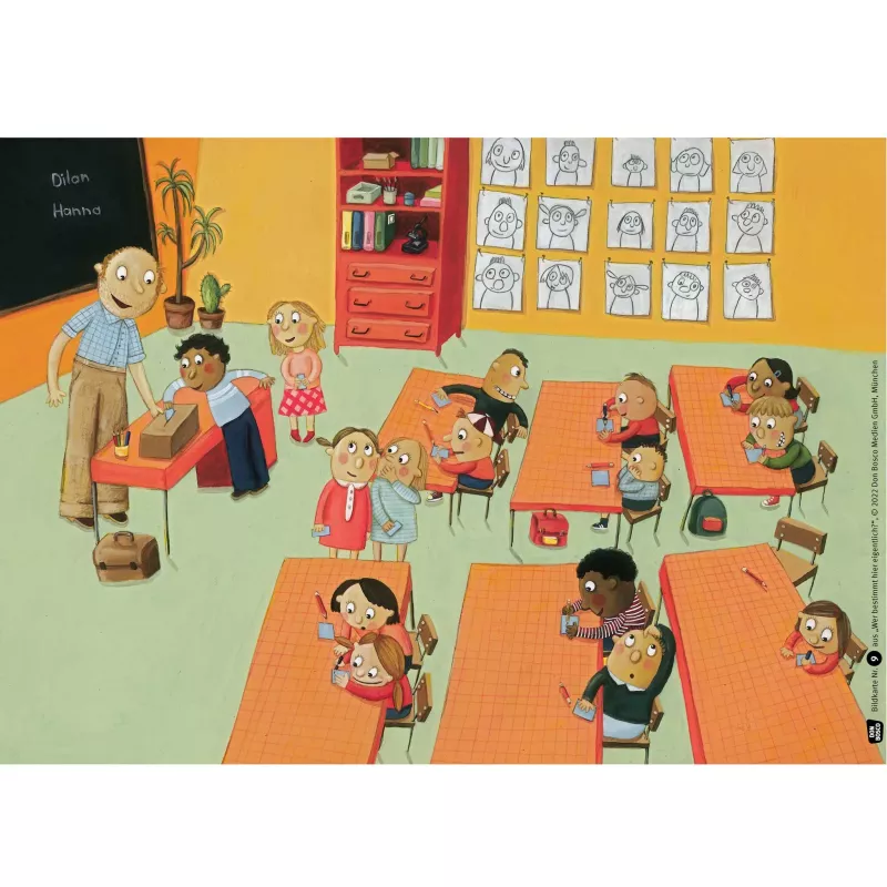 Klassenzimmer, Schüler, Lehrer, Schreibtische, Tafel
