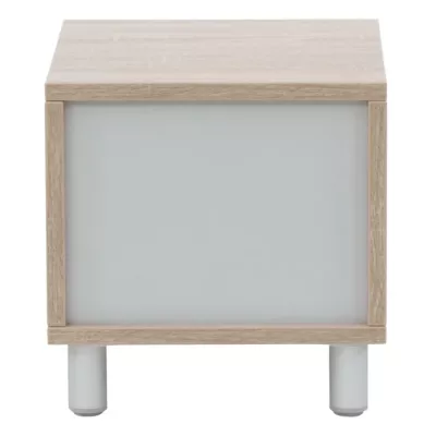 Nachttisch, Schrank, Holz, weiße Platte, Beine aus Metall