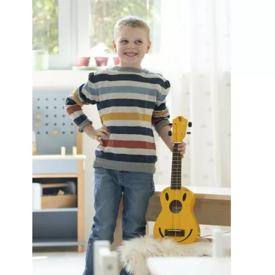 kids, guitar, gestreiftes-sweatshirt, gelbe-ukulele, spielzimmer