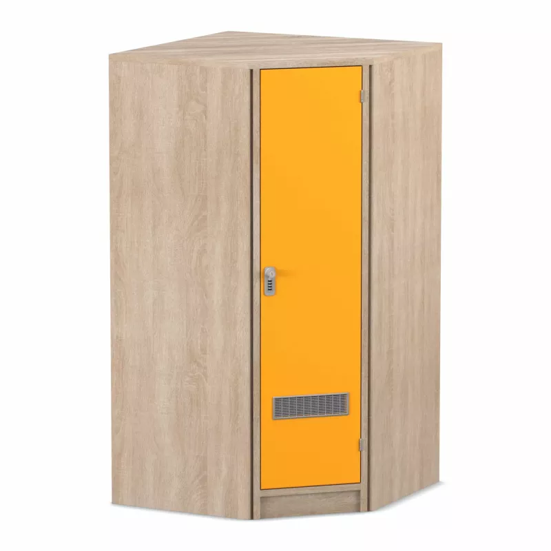 Eckschrank, Schrank, orange Tür, Holzoptik, Ventilator-Grill