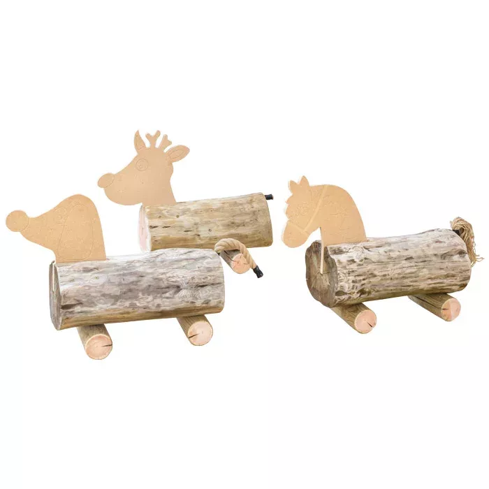 Holzspielzeug, Kletterholz, Tierfiguren, Logstapel, Rentiere