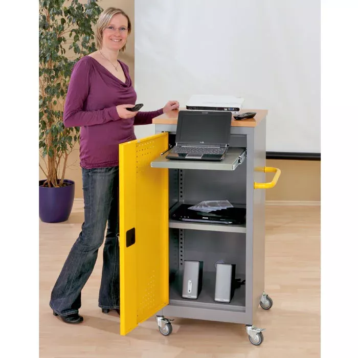 rollbarer_tahr, storage cart, laptop tray, electronics rack, gelb_tür