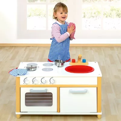 Kinderküche, Holzspielzeug, Gingham Muster, Kochset, Rote Spüle