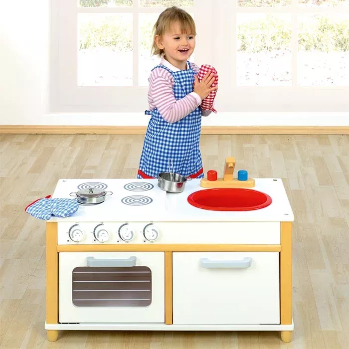 Kinderküche, Holzspielzeug, Gingham Muster, Kochset, Rote Spüle