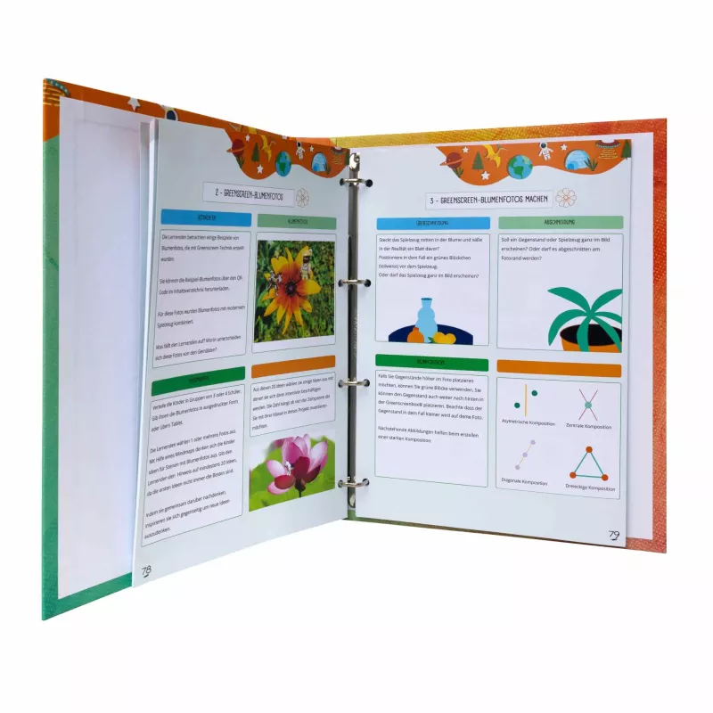 Schulbuch, Lernheft, Bunte Seiten, Blumenfotos, Aufklappbuch
