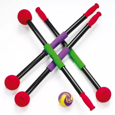 fitness equipment, calisthenics, soccer ball, balancing rods, colorful rods