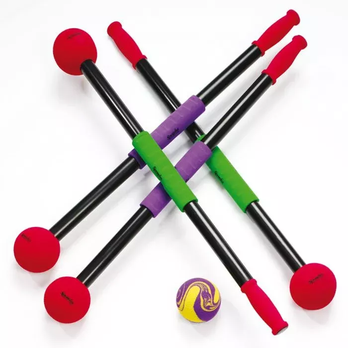 fitness equipment, calisthenics, soccer ball, balancing rods, colorful rods