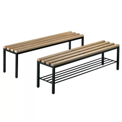 Sitzbank, Holzlatten, Metallrahmen, Holzstäbe, Bankengehäuse