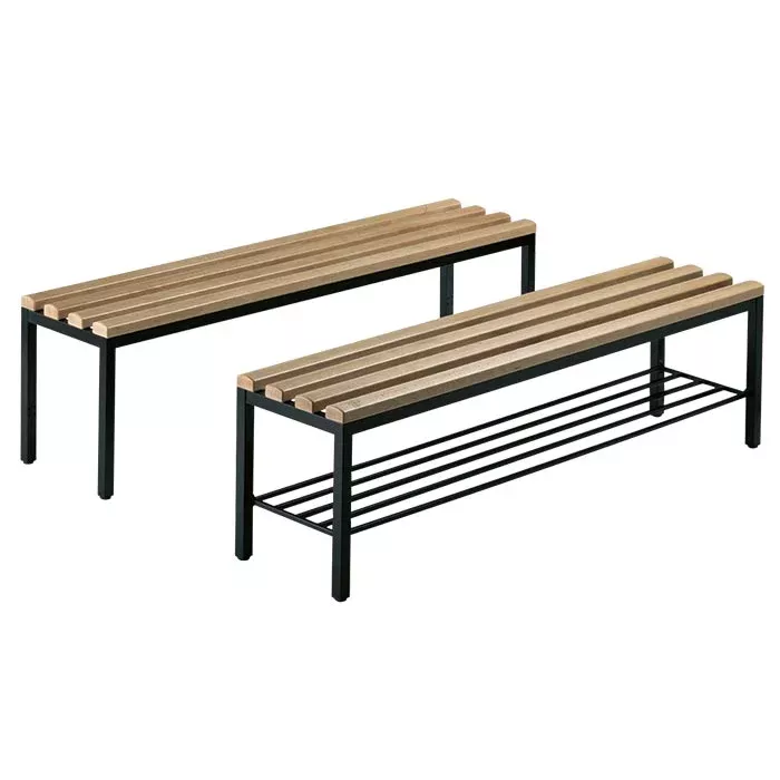 Sitzbank, Holzlatten, Metallrahmen, Holzstäbe, Bankengehäuse