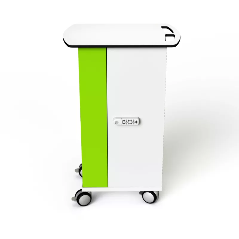 kitchen trolley, rolling cart, green panel, lockable cabinet, metal drawer