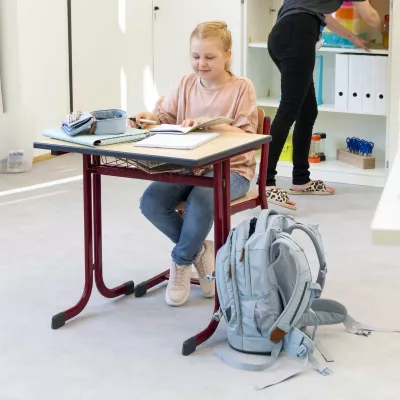 Schreibtisch, Schülerin, Rucksack, Schule, Laptop-Unterlage