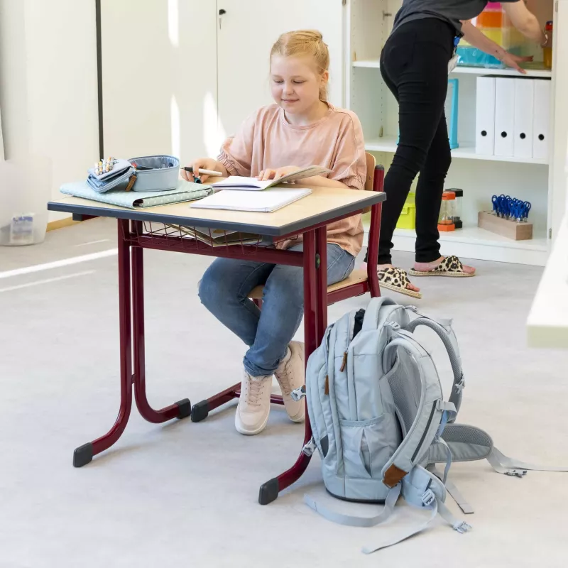 Schreibtisch, Schülerin, Rucksack, Schule, Laptop-Unterlage