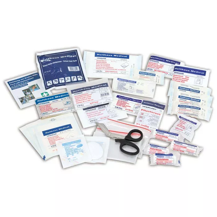 medizinische Versorgung, Schere, sterile Packungen, Verbandsset, Erste-Hilfe-Set