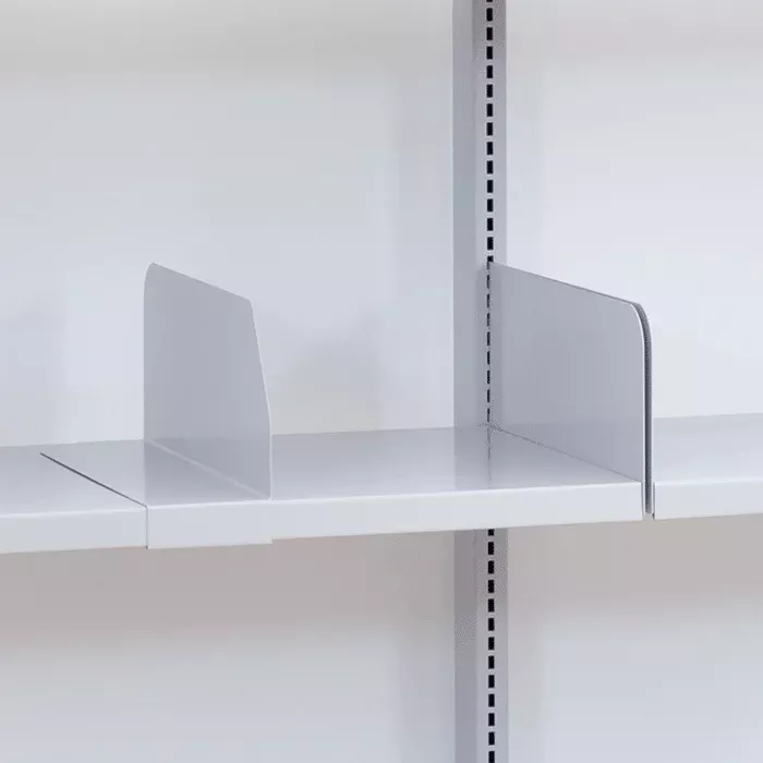 Regaltrennwand, Regalabteilung, Stahlschiene, Metallregal, weißes Regal