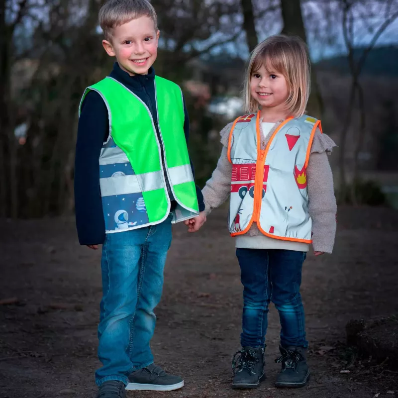 Kinderwarnweste, Sicherheitsweste, Reflektorstreifen, Neongrün, Bedruckt