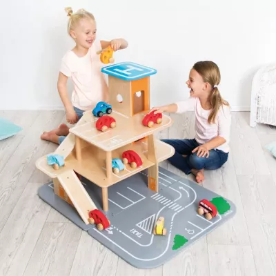Holzspielzeug, Kauflbahn, Parkhaus, Autospiel, Straßenlayout