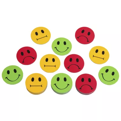 Lächelnde Aufkleber, Bunte Buttons, Gesichter Symbole, Runde Aufkleber, Emoji-Aufkleber