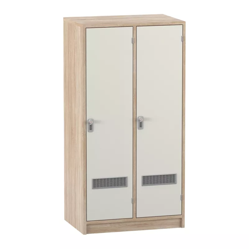 Garderobenschrank, Zweiflügel, Holzoptik, Metallgriff, Lüftungsgitter