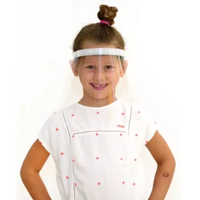 Gesichtsschutz, Kinder, weißes Kleid, rosa Punkte, Dutt