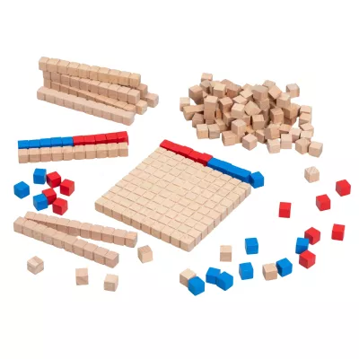 Holzbausteine, Bauklötze, Konstruktionsspielzeug, Naturholz, Farbig addierte Bausteine