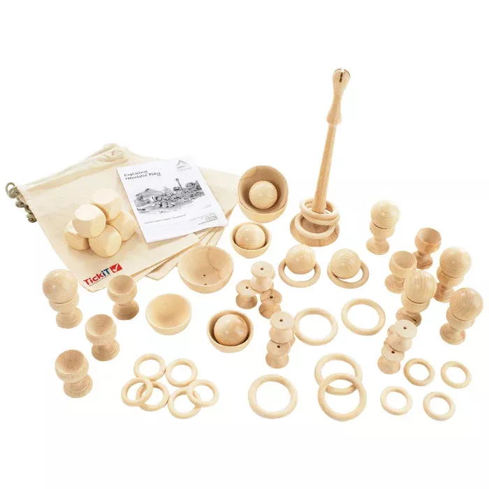 Holzspielzeug, Holzspielsatz, Ringe, Kugeln, Stabwerk