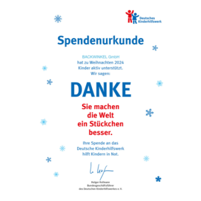 Spendenurkunde, Weihnachtsaktion, Kinderhilfe, Danke, Spende