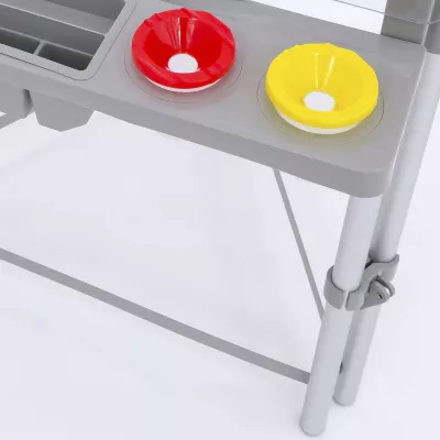 Tisch, klappbarer Tisch, Schreibtischzubehör, bunte Steckdosen, grauler Kunststoff