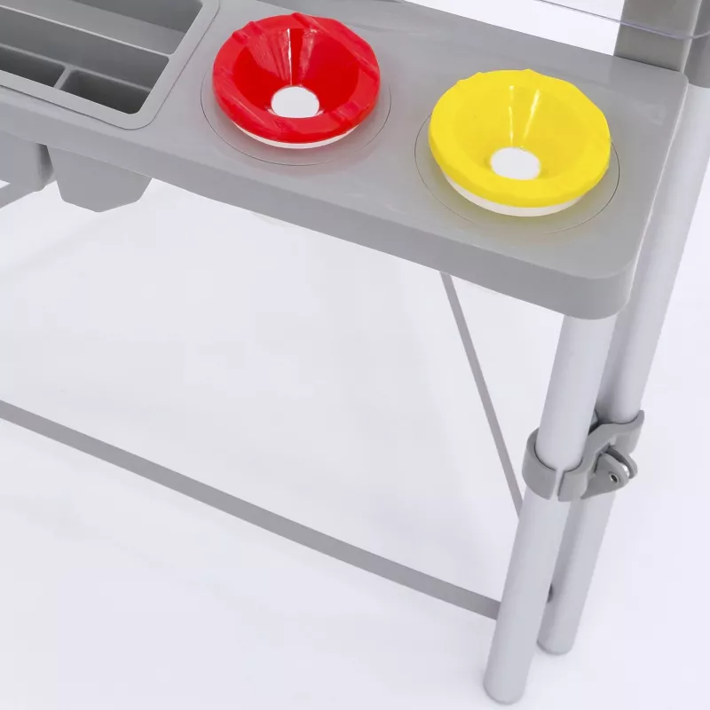Tisch, klappbarer Tisch, Schreibtischzubehör, bunte Steckdosen, grauler Kunststoff