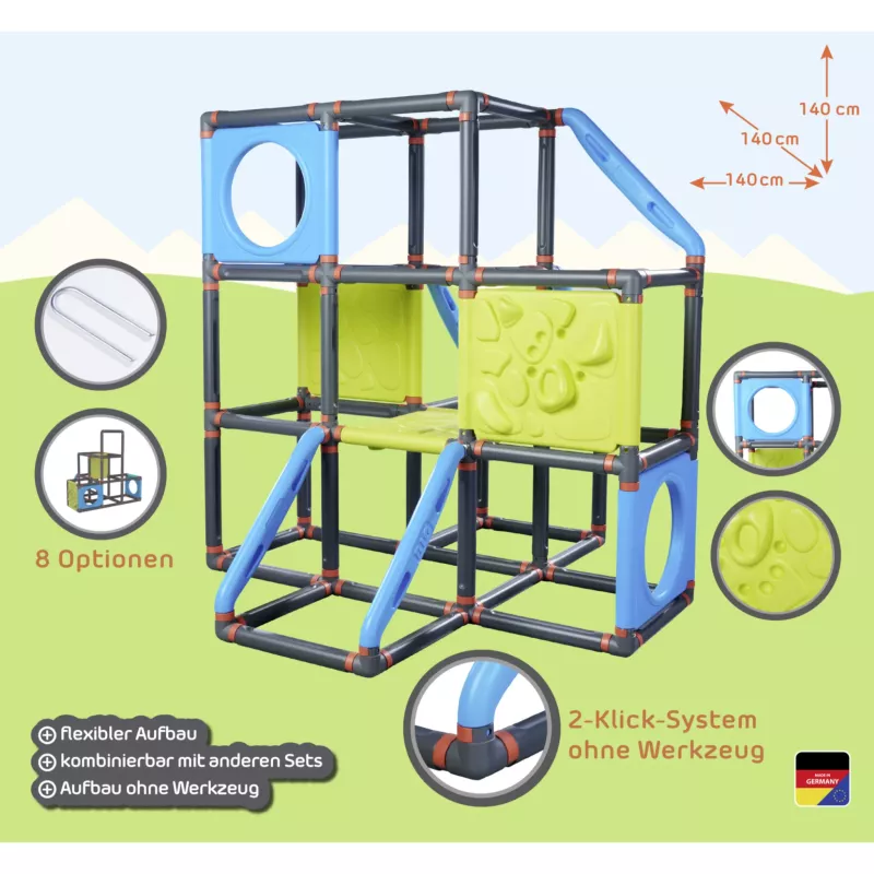 Klettergerüst, Spielturm, Modulares System, Plastikplatten, Blaue Treppe