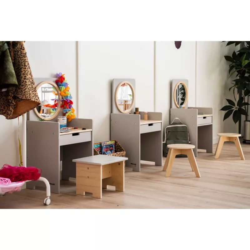 Kinderfriseurstühle, Spiegel mit Rahmen, Hocker, Holzstuhl, Aufbewahrungskorb
