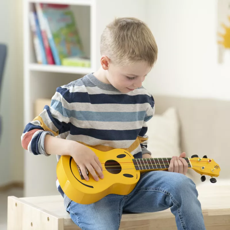Kinderukulele, kleine Gitarre, gelb, Holz, Spielzeuginstrument
