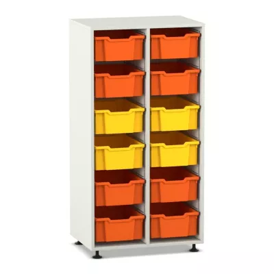 Schrank, Ordnungssystem, Kistentafeln, bunte Behälter, Kistenstapel