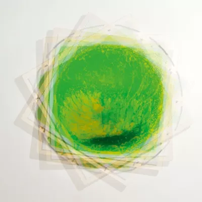 abstrakte Kunst, grüner Kreis, übereinander liegende Quadrate,  Neon-Grün, texturierte Oberfläche