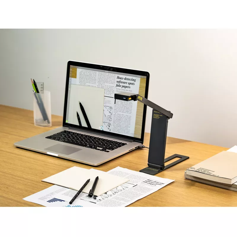 laptop, desk, Scanner, Papier, Artefakte